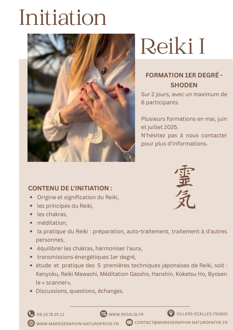 Femme tenant des mains en position de méditation, avec des textes sur une initiation au Reiki.
