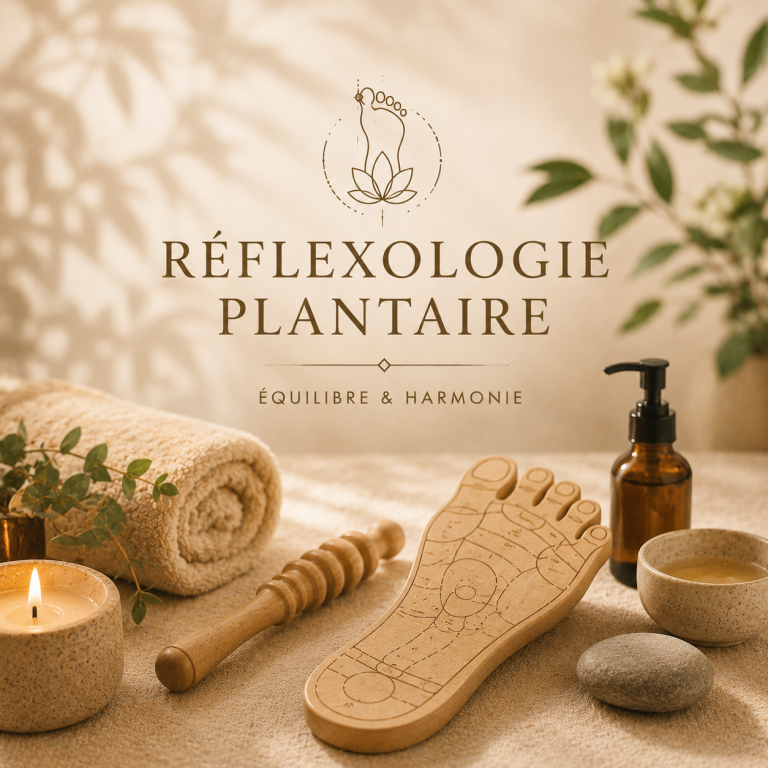 réflexologie Deux pieds sur un coussin, massés par une main.
