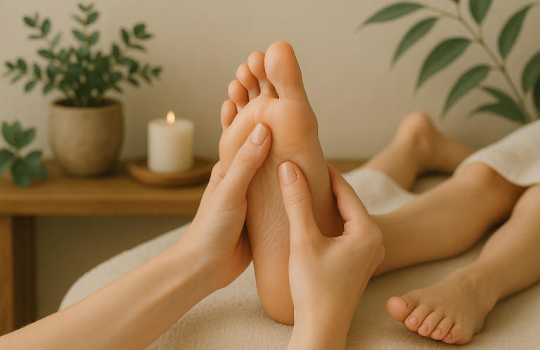 Deux pieds sur un coussin, massés par une main.