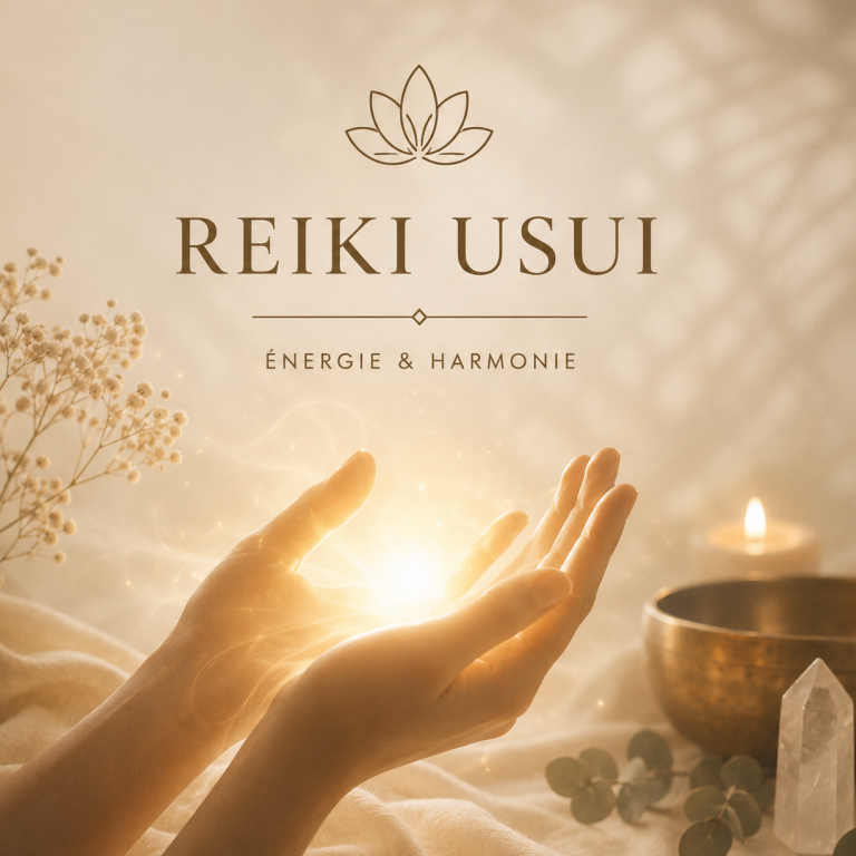 Reiki Usui Femme en chemise blanche, mains croisées sur la poitrine, avec vernis à ongles rouge.