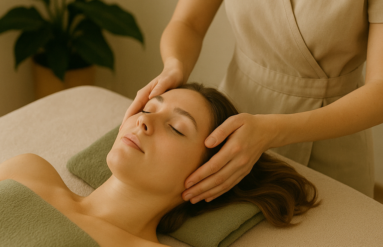 Une personne reçoit un massage relaxant sur le visage.